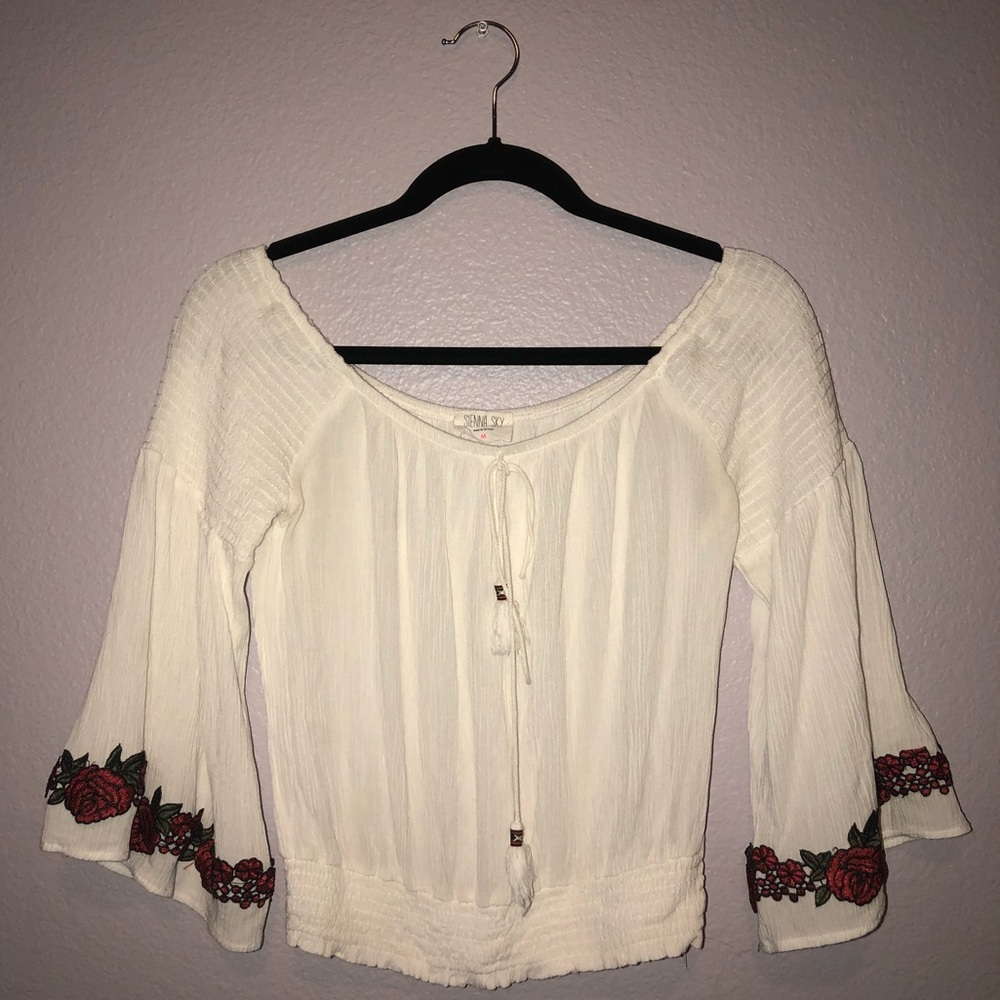 off the shoulder white floral top